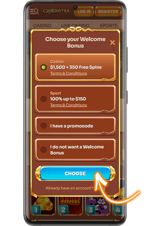 Cleobetra Casino welcome bonus selection screen with available options